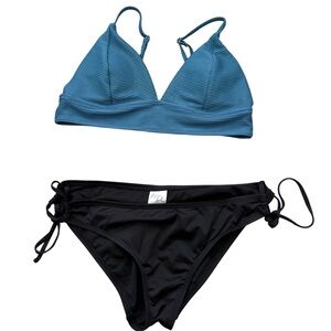 Kona Sol medium Black Side Tie Bikini Bottom with Teal Ribbed Triangle Swim